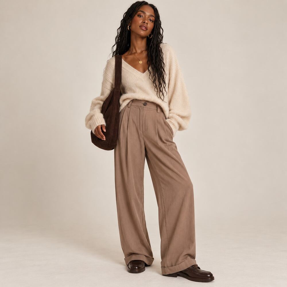 MABLE Taupe High Rise Pleated Trousers S Minimalist Quiet Luxury Fall Neutral